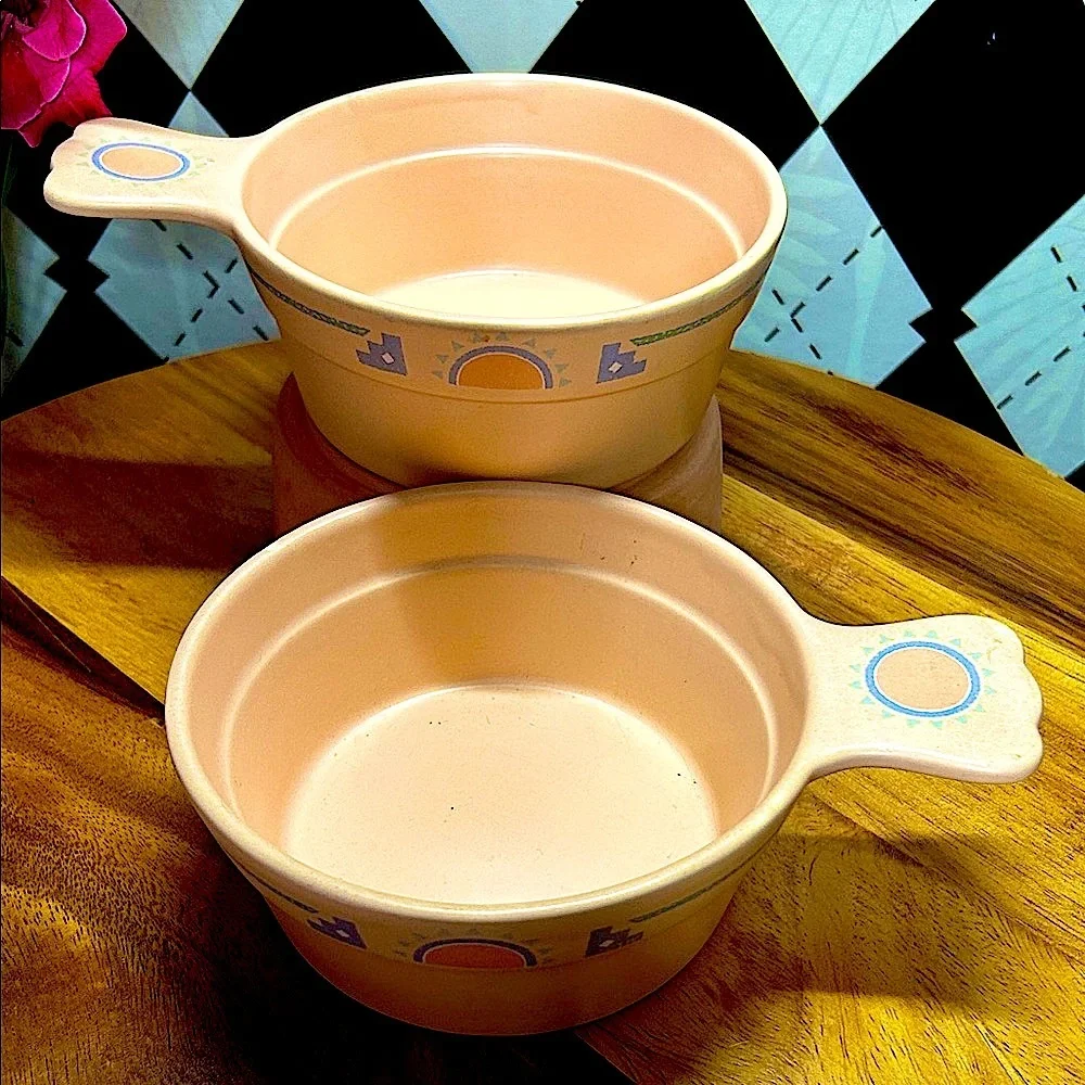 Vintage Southwestern Soup Bowls Pair Turquoise and Peach Desert‎ Decor